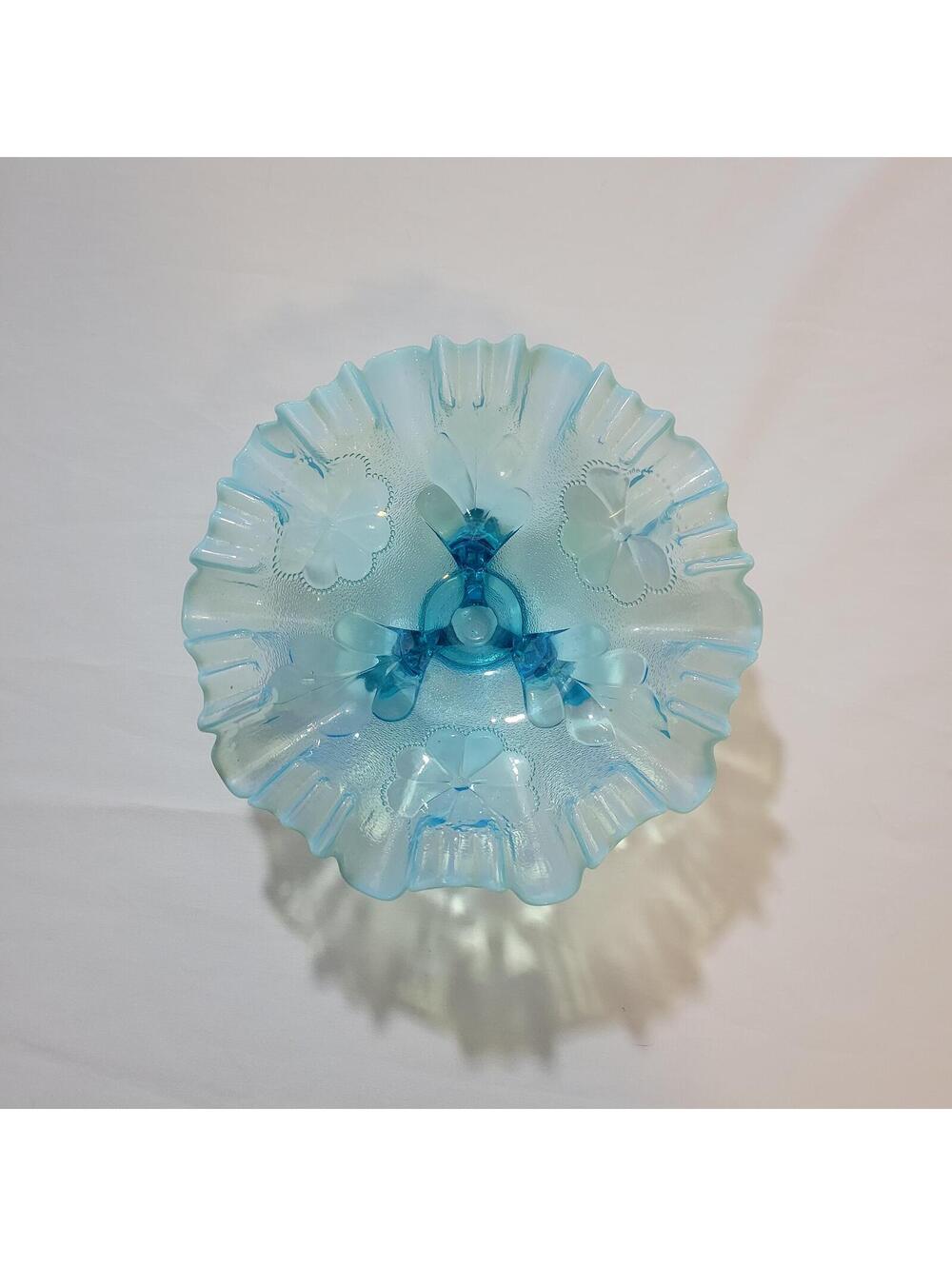 Vintage Blue Glass Ruffled Edge Bowl with Floral Design